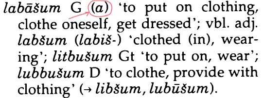 Detail of the dictionary in GaO with the entry labāšu